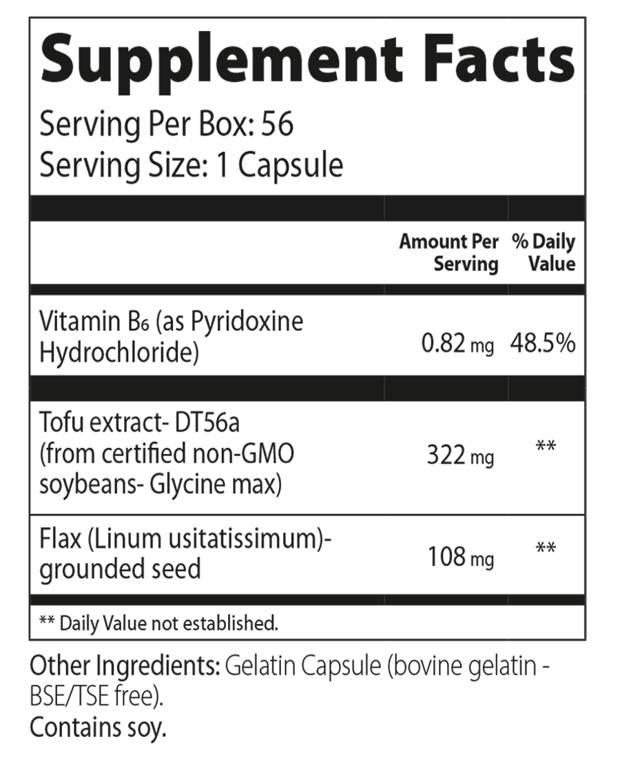 Femarelle Recharge: supplement facts. B6, DT-56a, flax