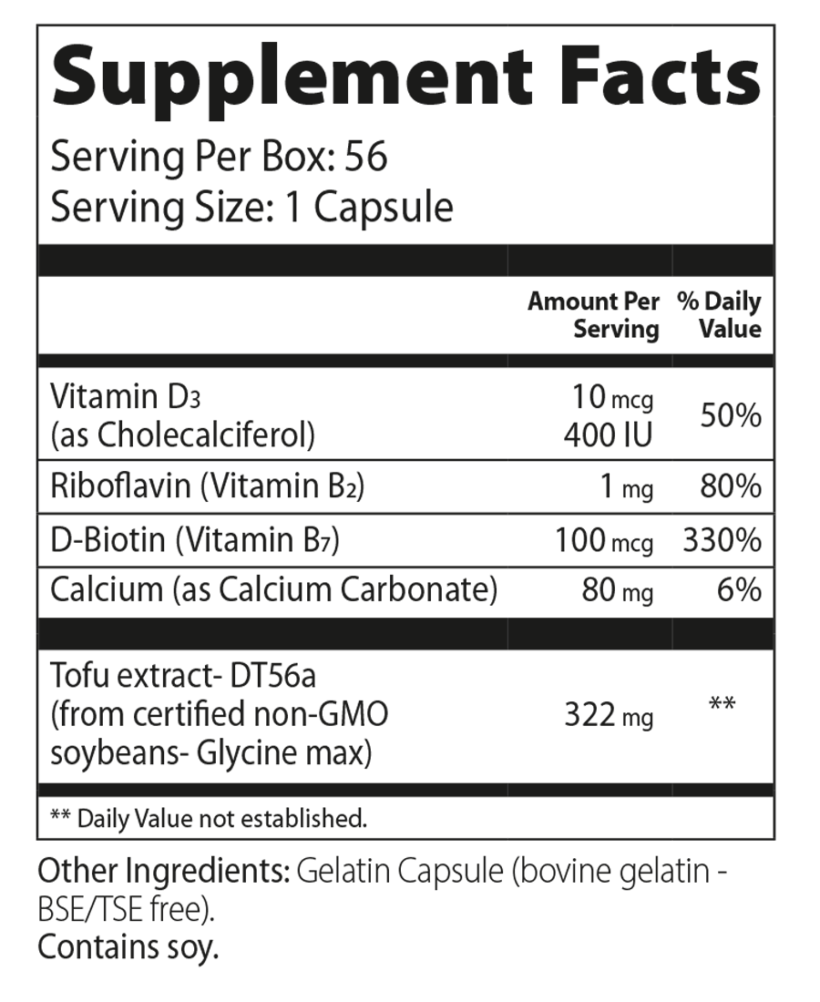 Femarelle Unstoppable: supplement facts. D3, B2, B7, Ca, DT-56a